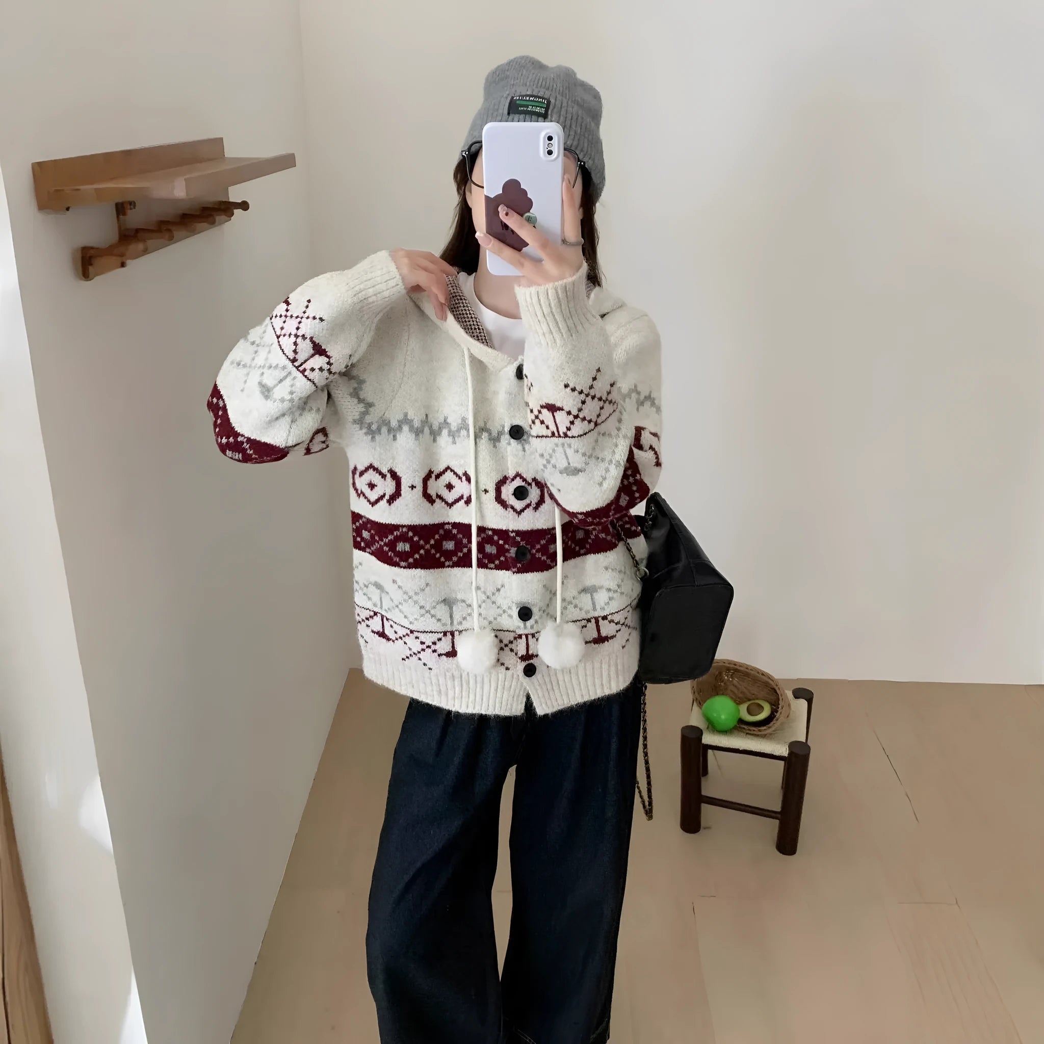 Plus size women's loose fit geometric brocade sweater coat in acrylic, colour options Milky White and Grey.