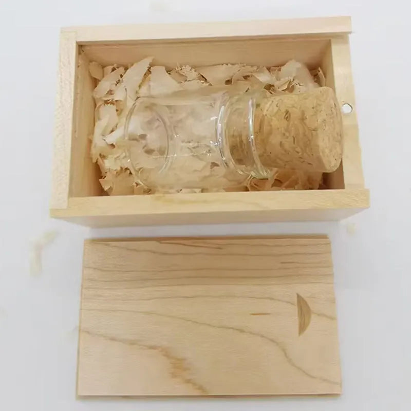 Wooden USB flash drive inside transparent bottle-shaped casing with visible wooden element