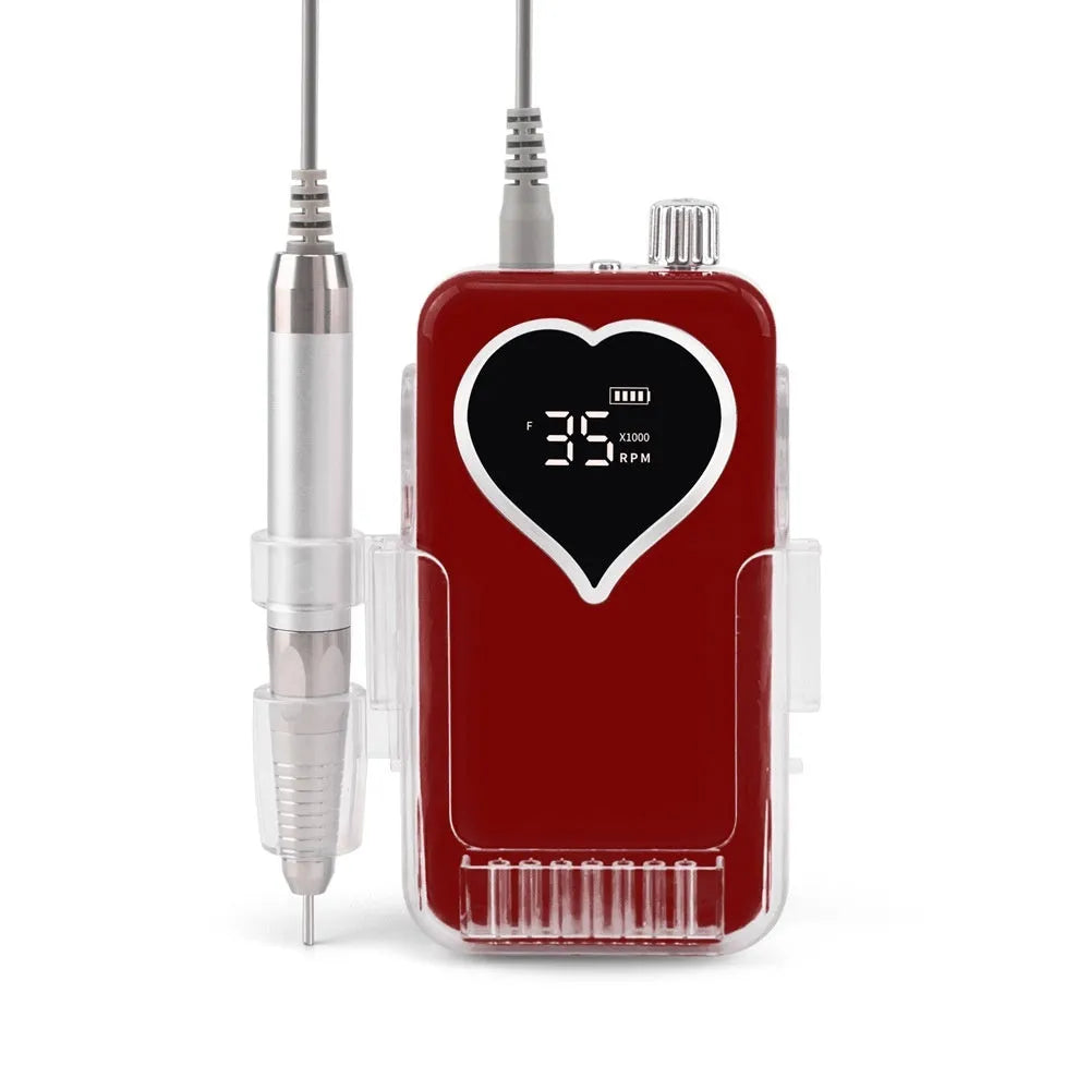 Brushless nail polishing machine with charging feature, 6 grinding heads, white body, and handle bracket