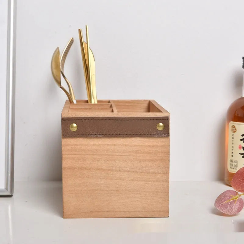 Wooden kitchen storage box with grid compartments for knives forks and chopsticks