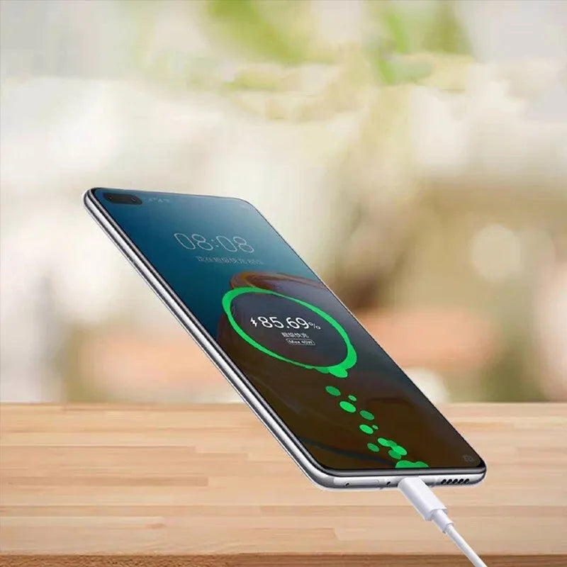 White 40W USB charger with QC3.0 and 5A fast charging cable for mobile phones on a plain background
