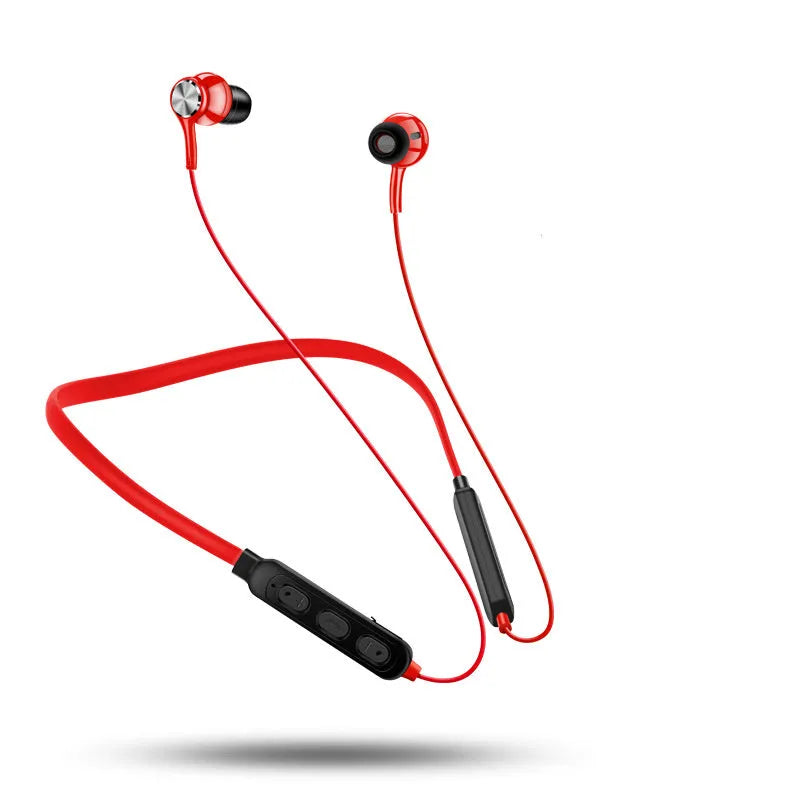 Neckband sports Bluetooth earphones in black, red, or white colours with 10m range and 6-hour battery