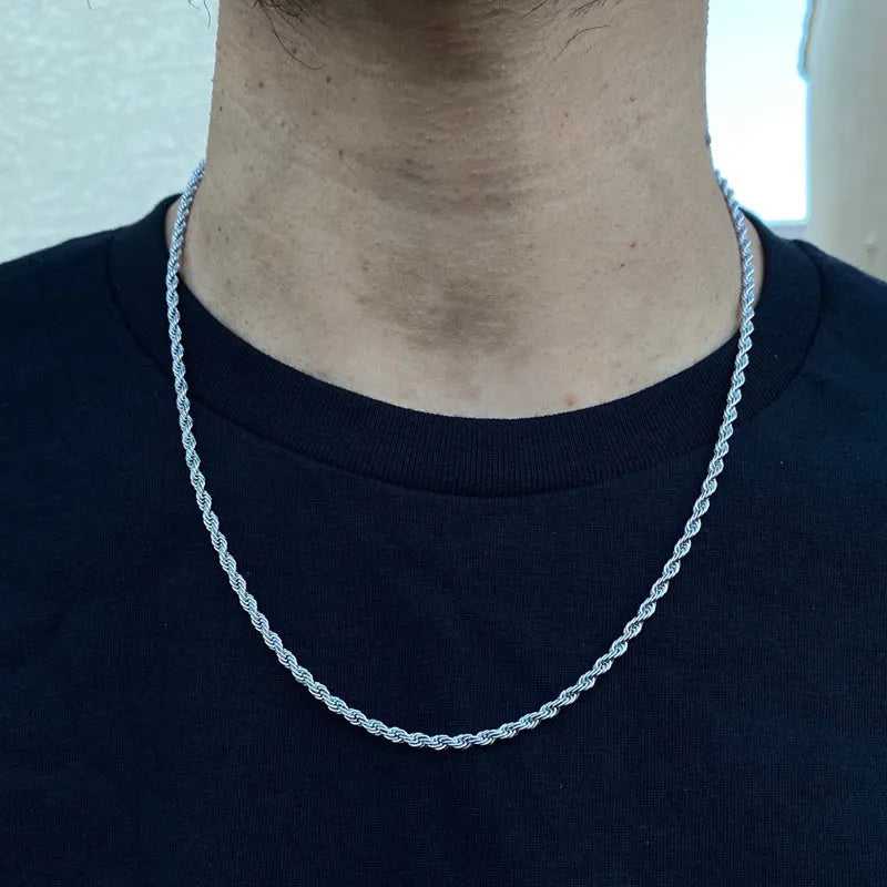 Men's stainless steel cube rope chain necklace in silver finish on a neutral background, 18-24 inch lengths available