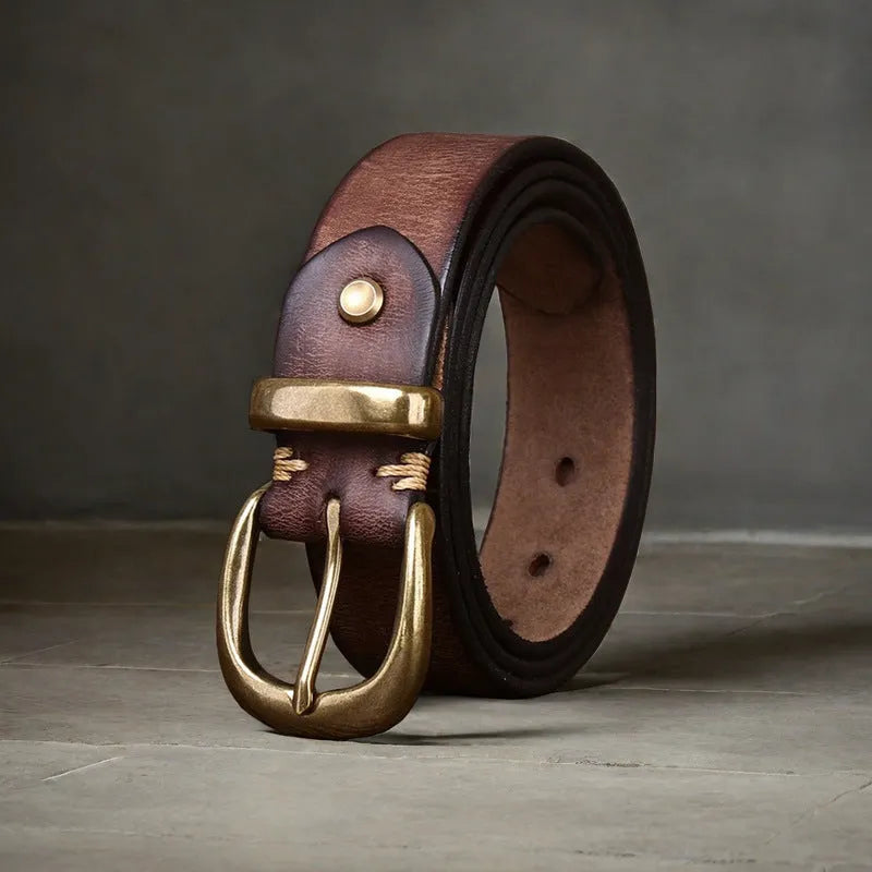 Men's casual cattlehide leather belt with copper pin buckle in black, brown, or khaki