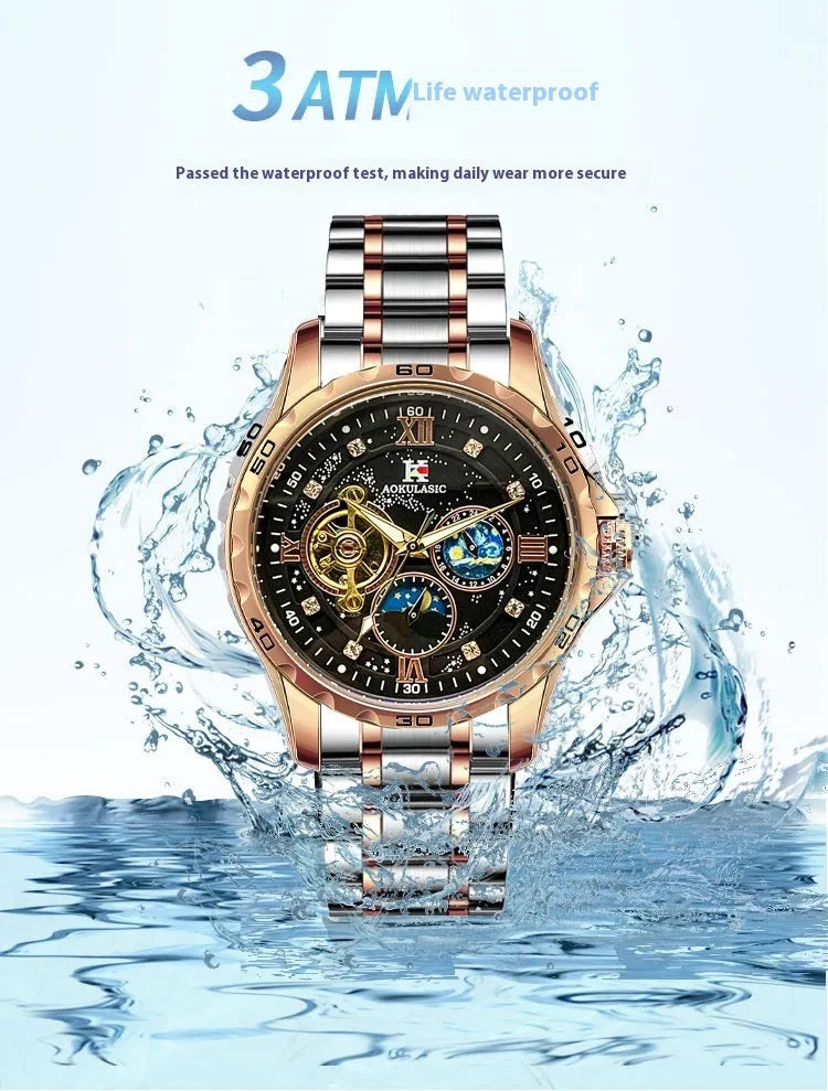 Automatic mechanical men's watch with rose gold case, black dial and large display
