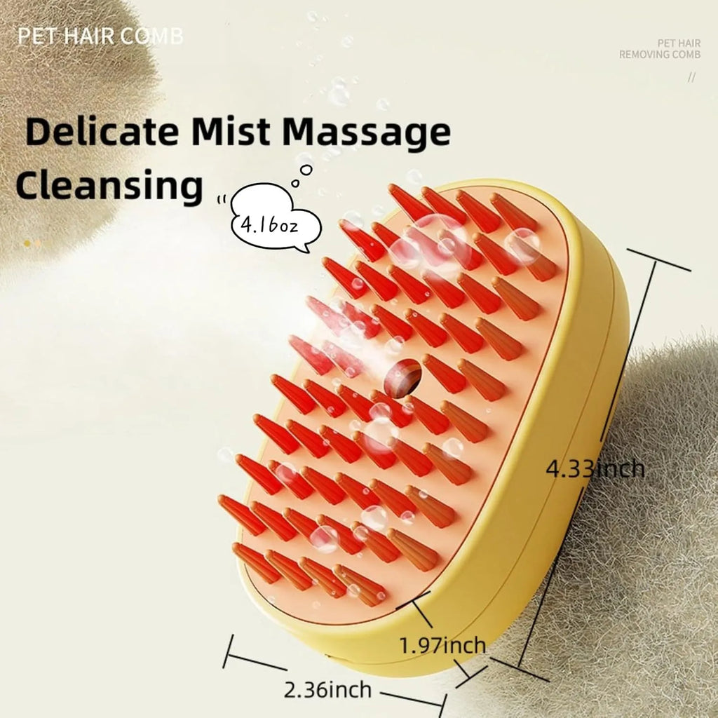 White or yellow rechargeable pet steam brush with rubber comb teeth and water tank.