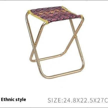 Black ethnic-style aluminium alloy portable folding stool shown in folded and unfolded positions.