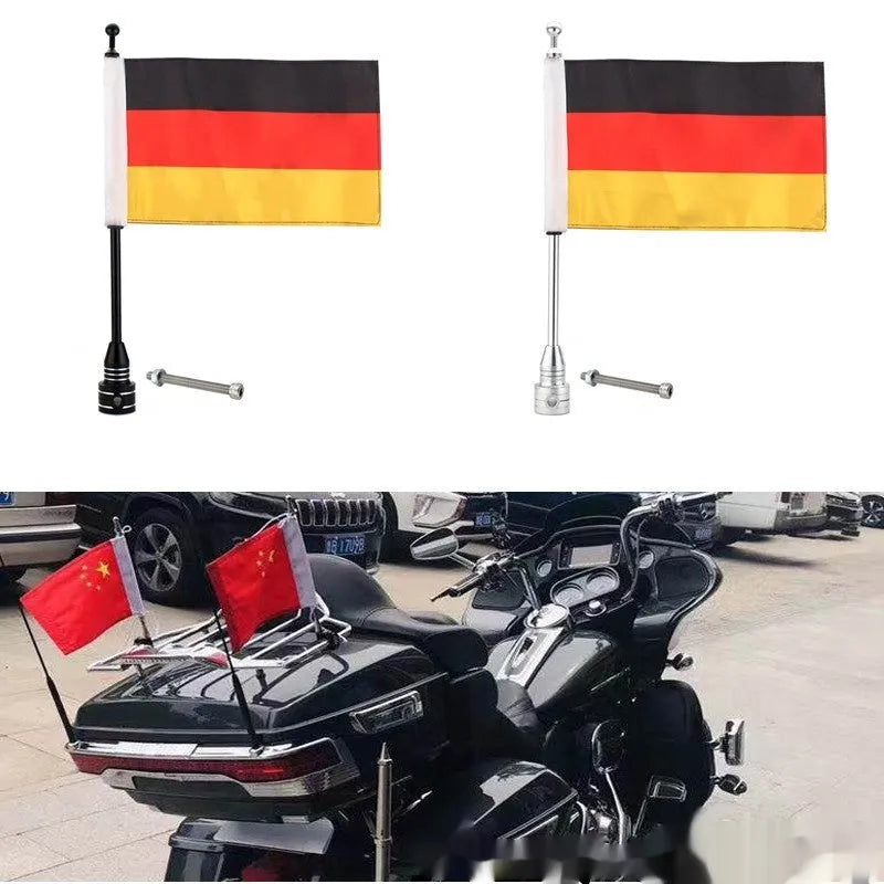 Motorcycle side box flagpole bracket in black or silver for luggage rack accessory mounting
