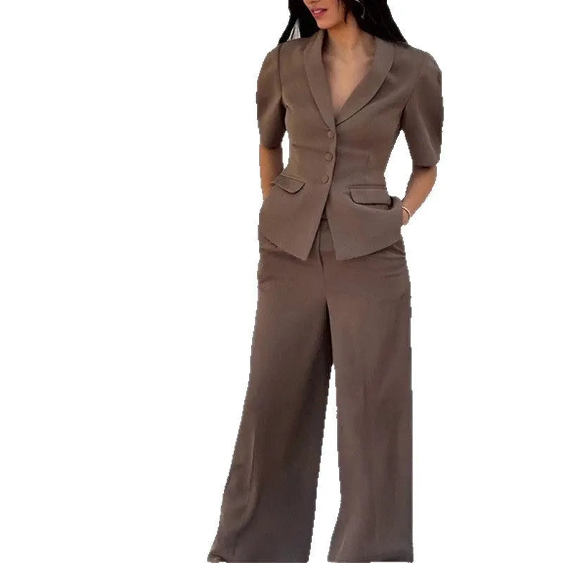 Brown men's slim fit polyester suit with trousers and long sleeve top on hanger