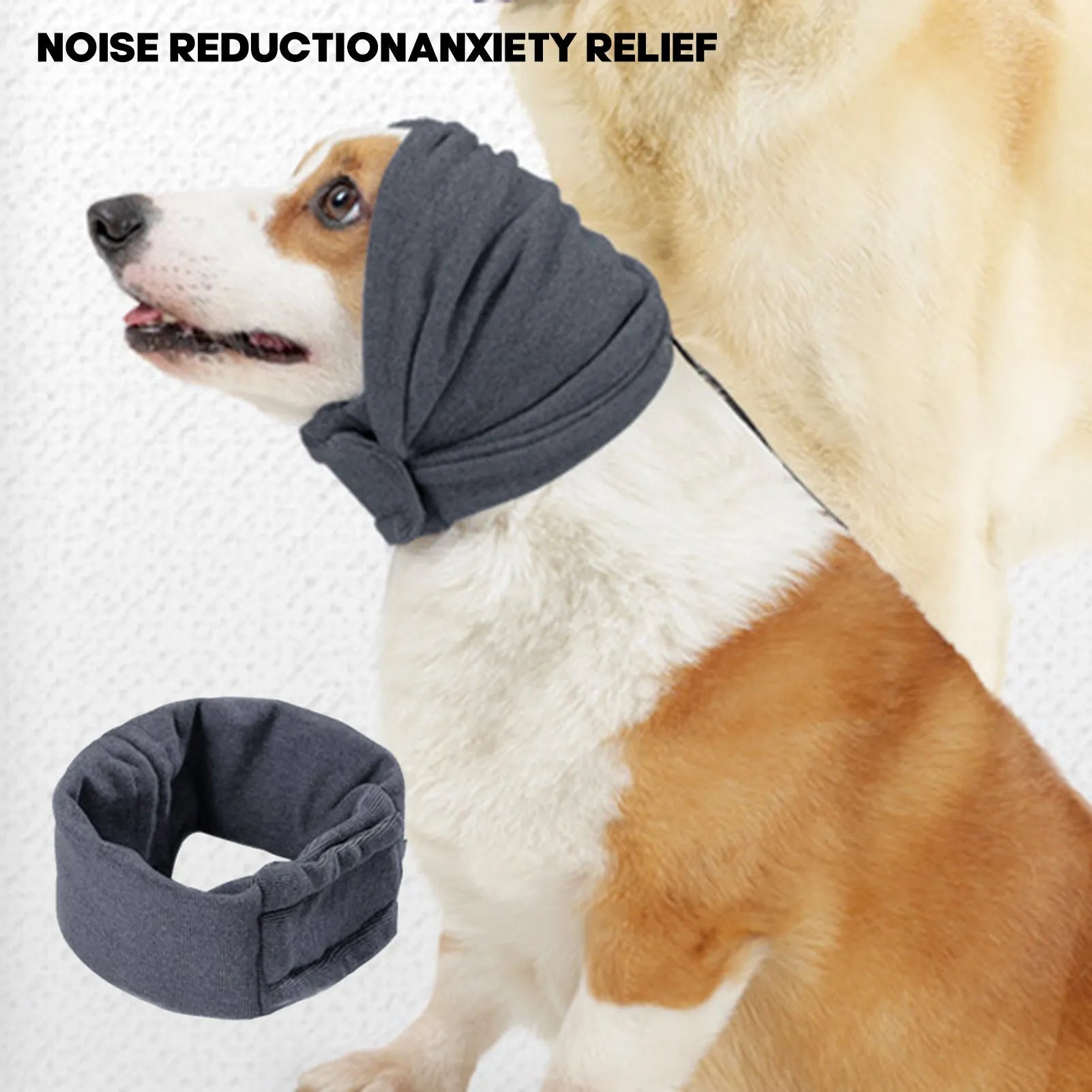 Black noise reduction dog hoodie covering ears and head, polyester fabric, used for calming anxiety and feeding hygiene