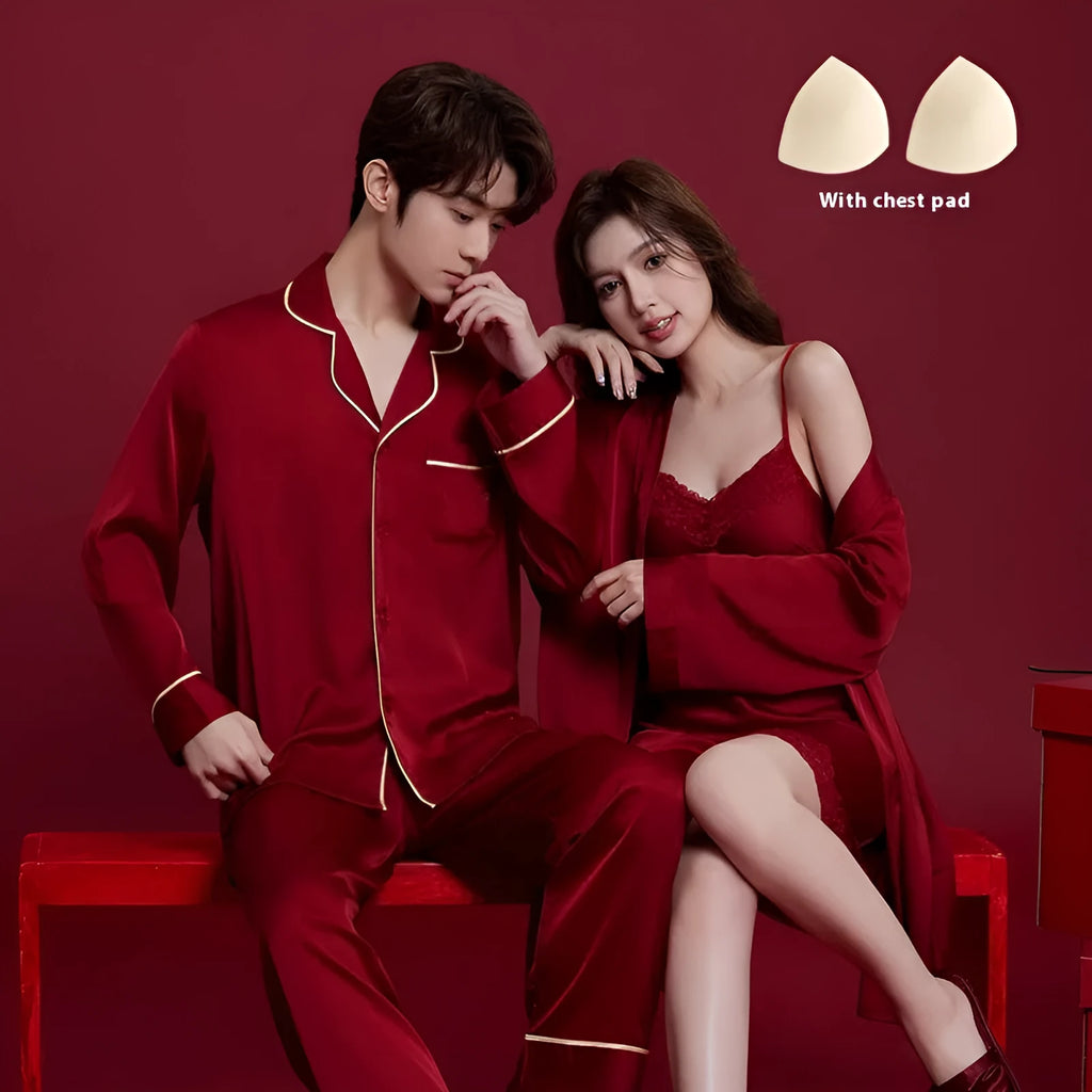 Red silk pyjama set for couples with long sleeves and trousers, shown in men's and women's matching styles