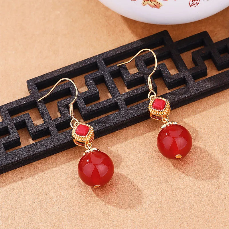Southern red agate round beads and S925 silver inlaid jasper copper alloy earrings, geometric shape, simple style