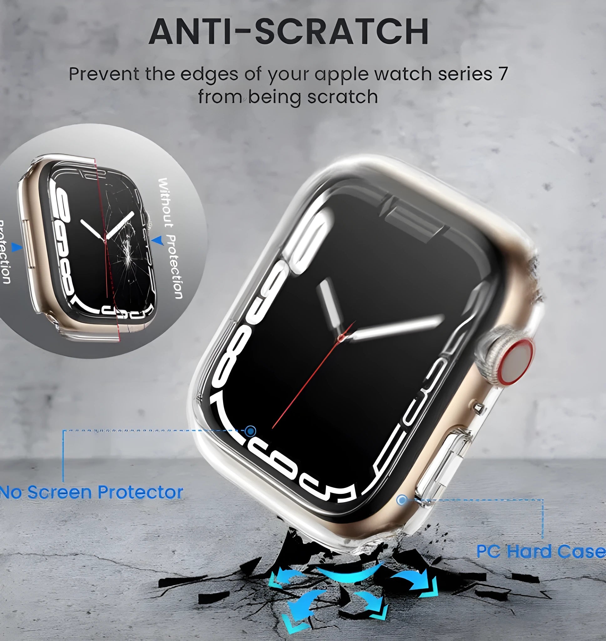 PC tempered film watch case for Apple Watch, transparent, showing slim profile and cutouts