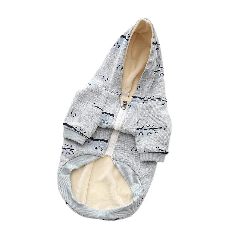 Blue cotton dog pattern sweater zipper coat on a small dog lying down