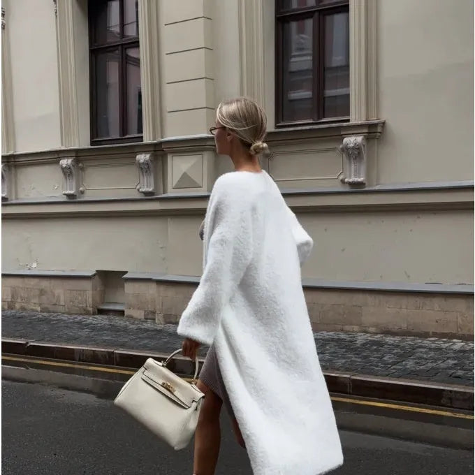 White knitted women's cardigan jacket with 105cm length and loose fit