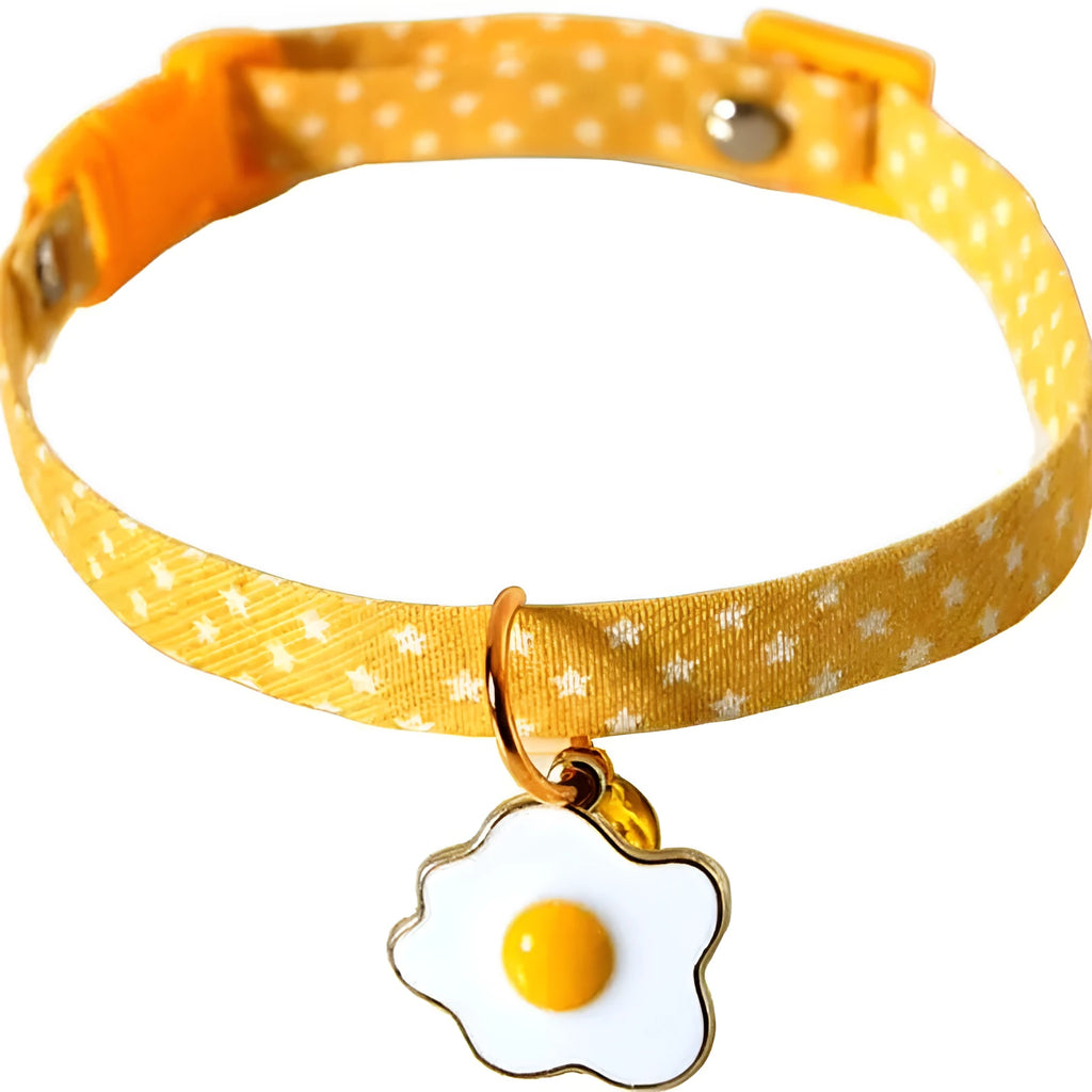 Adjustable cat collar with bell pendant and bow tie accessory in green, pink, or yellow colours