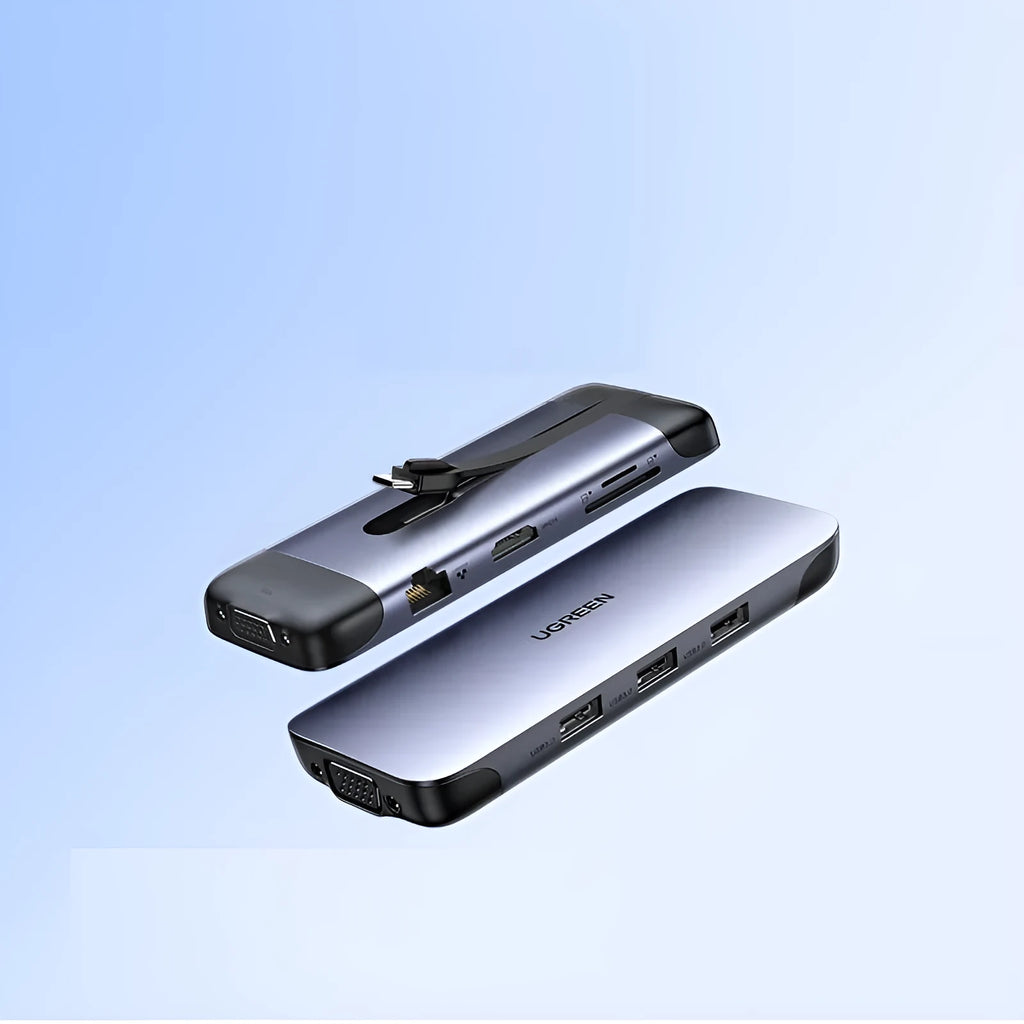 USB-C docking station showing HDMI, USB 3.0, VGA, and ethernet ports on a 9-in-1 model with short connecting cable.
