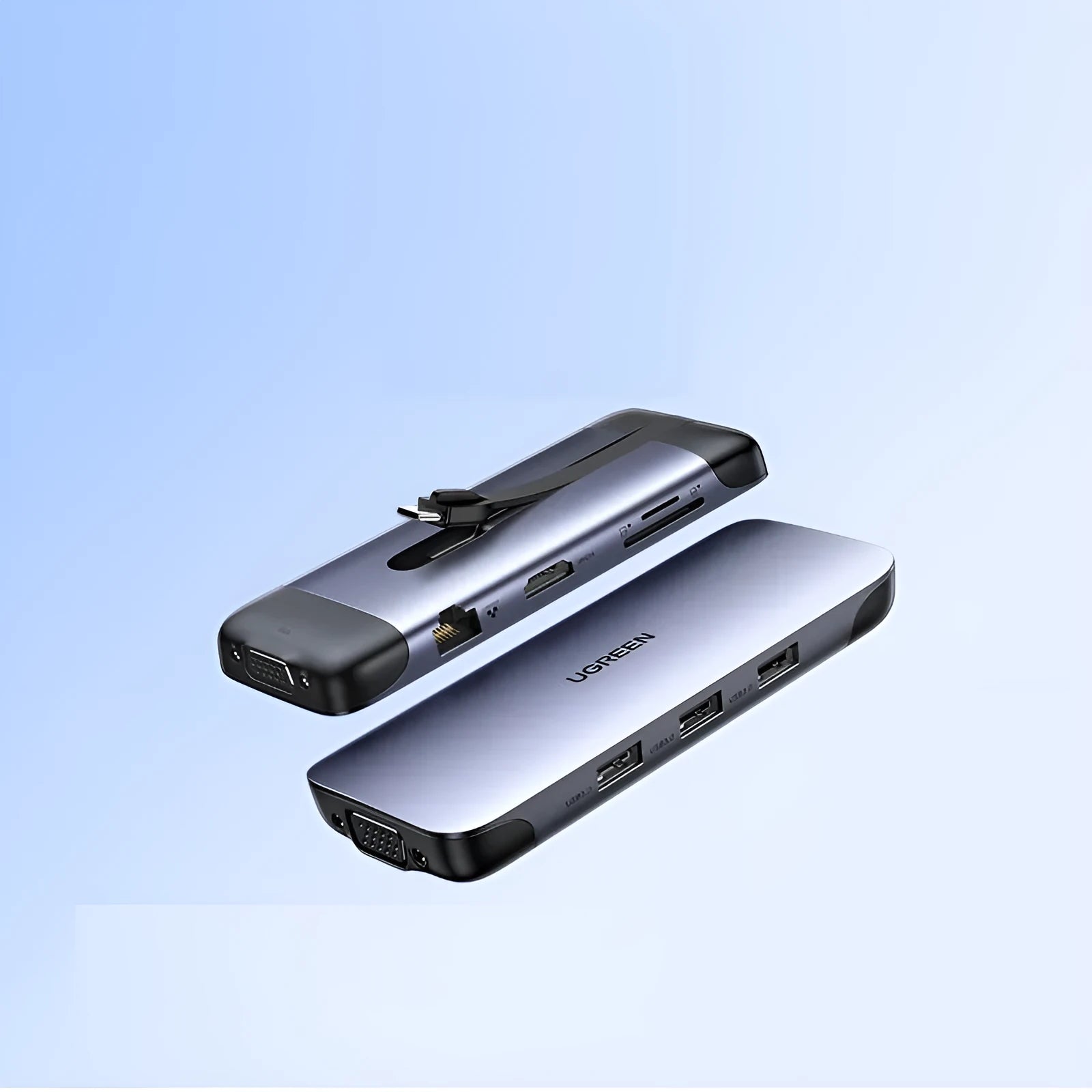 USB-C docking station showing HDMI, USB 3.0, VGA, and ethernet ports on a 9-in-1 model with short connecting cable.