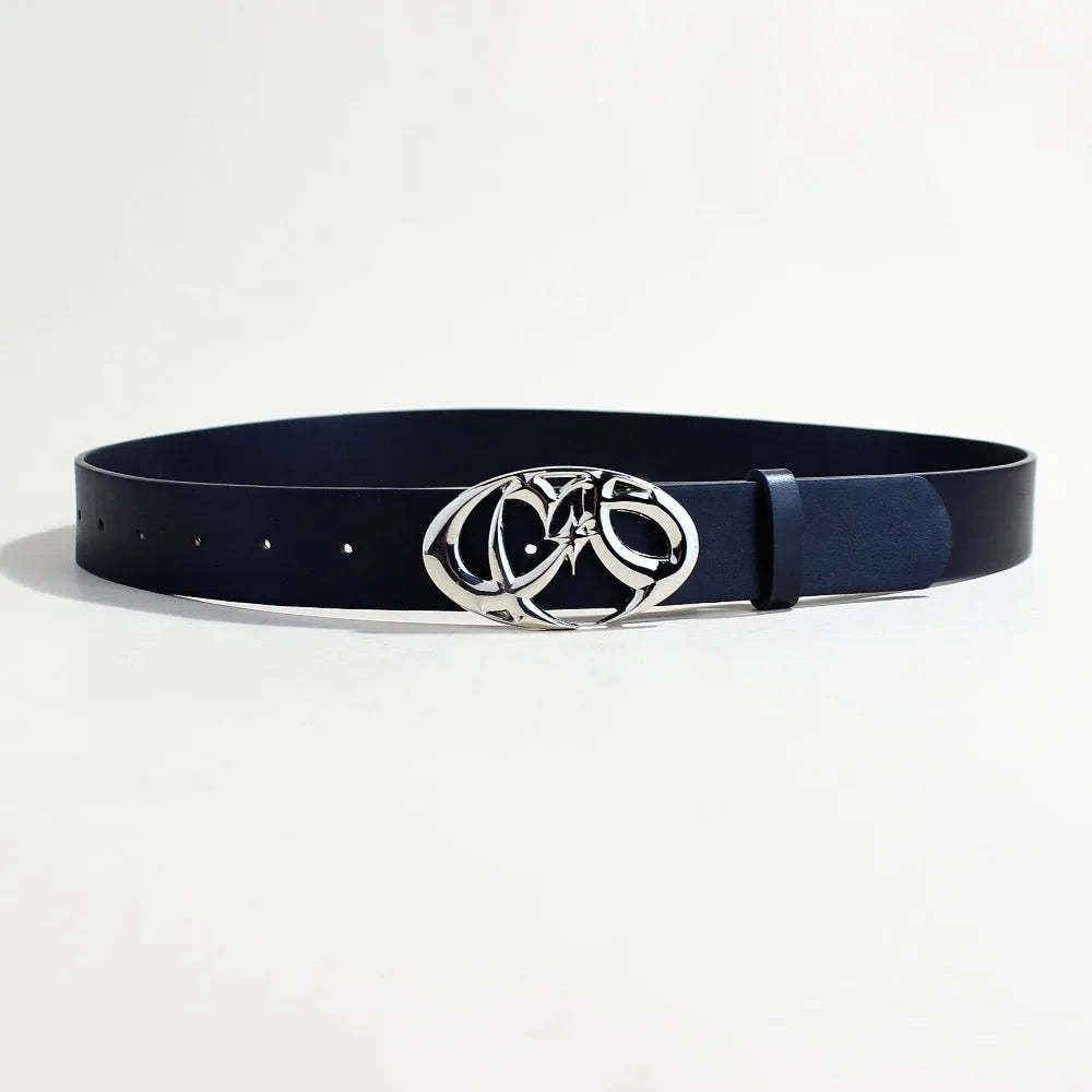 Silver-buckle PU leather casual belt showing snap button fastening on a 105cm long, 3.3cm wide strap.