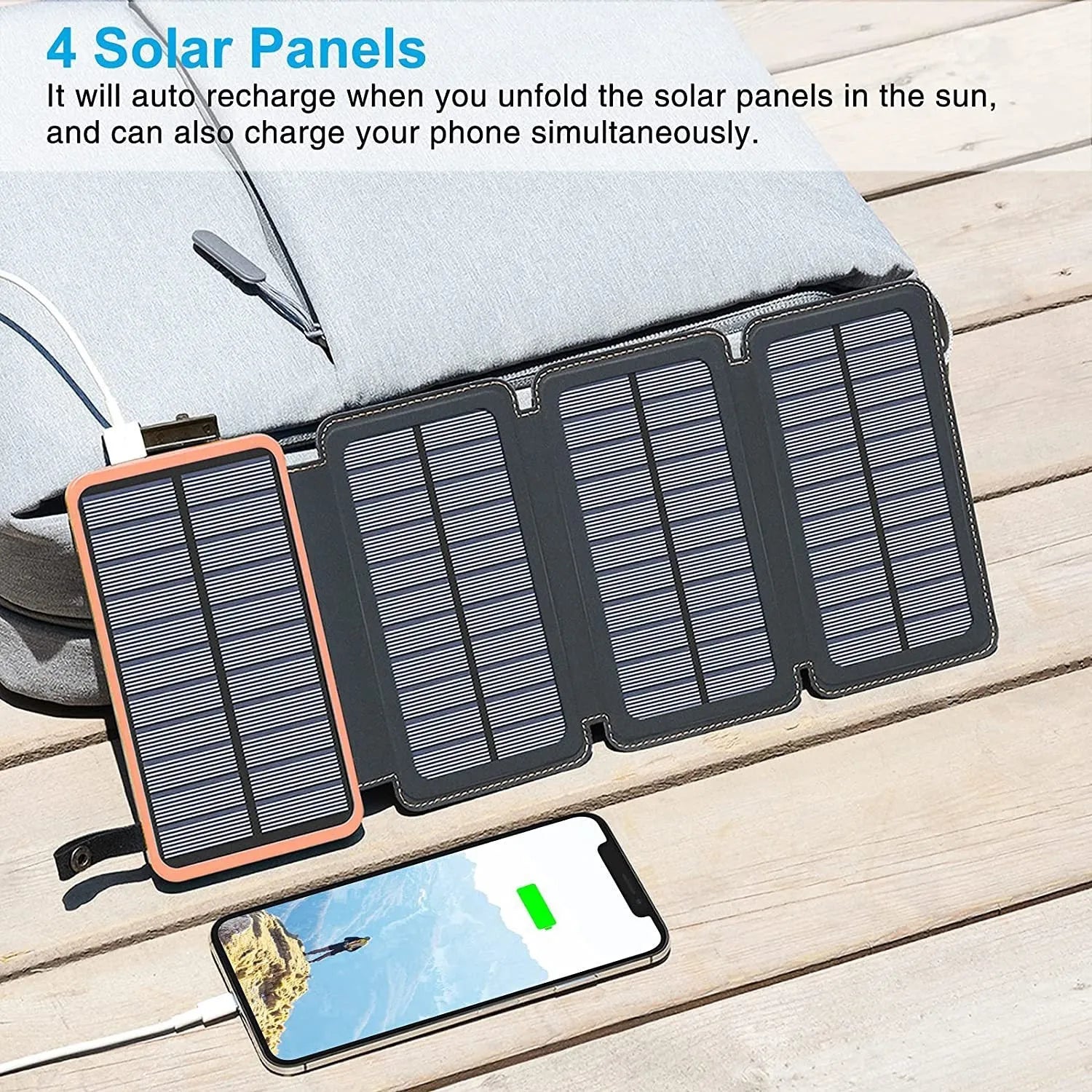 Outdoor rainproof solar phone charger with LED light and leather case in black, blue, green and orange colours
