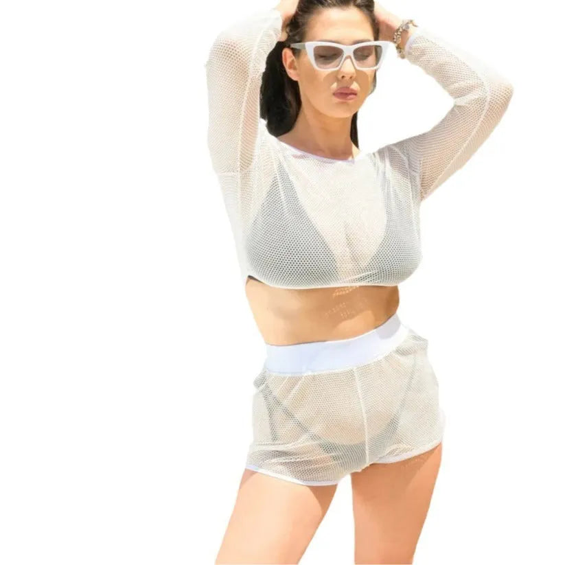 Women's white transparent beach swimsuit with breathable straps and matching skirt