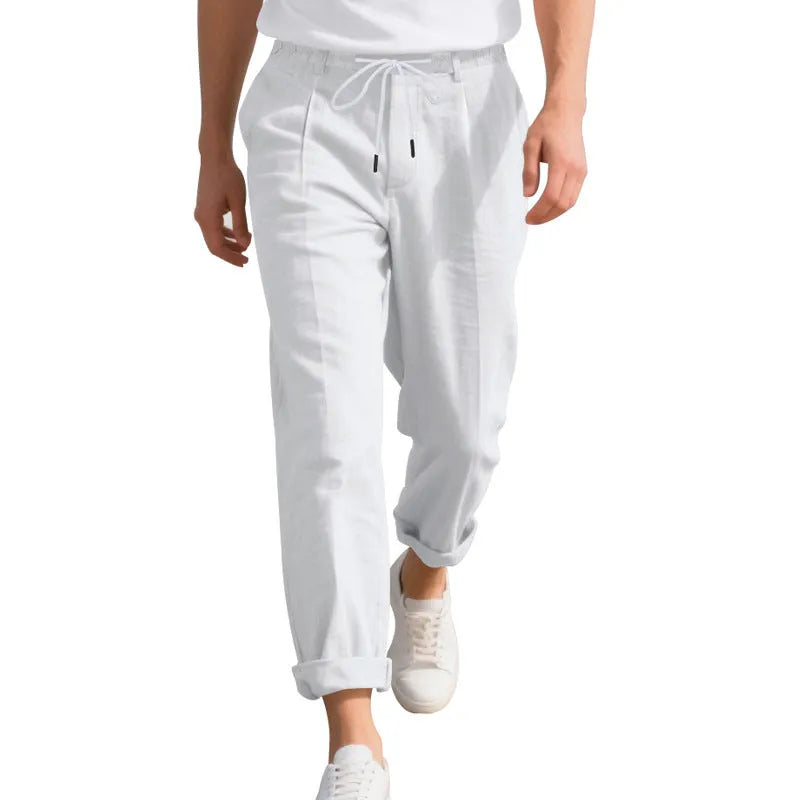 Men's linen casual trousers with drawstring waist in straight leg style for summer wear