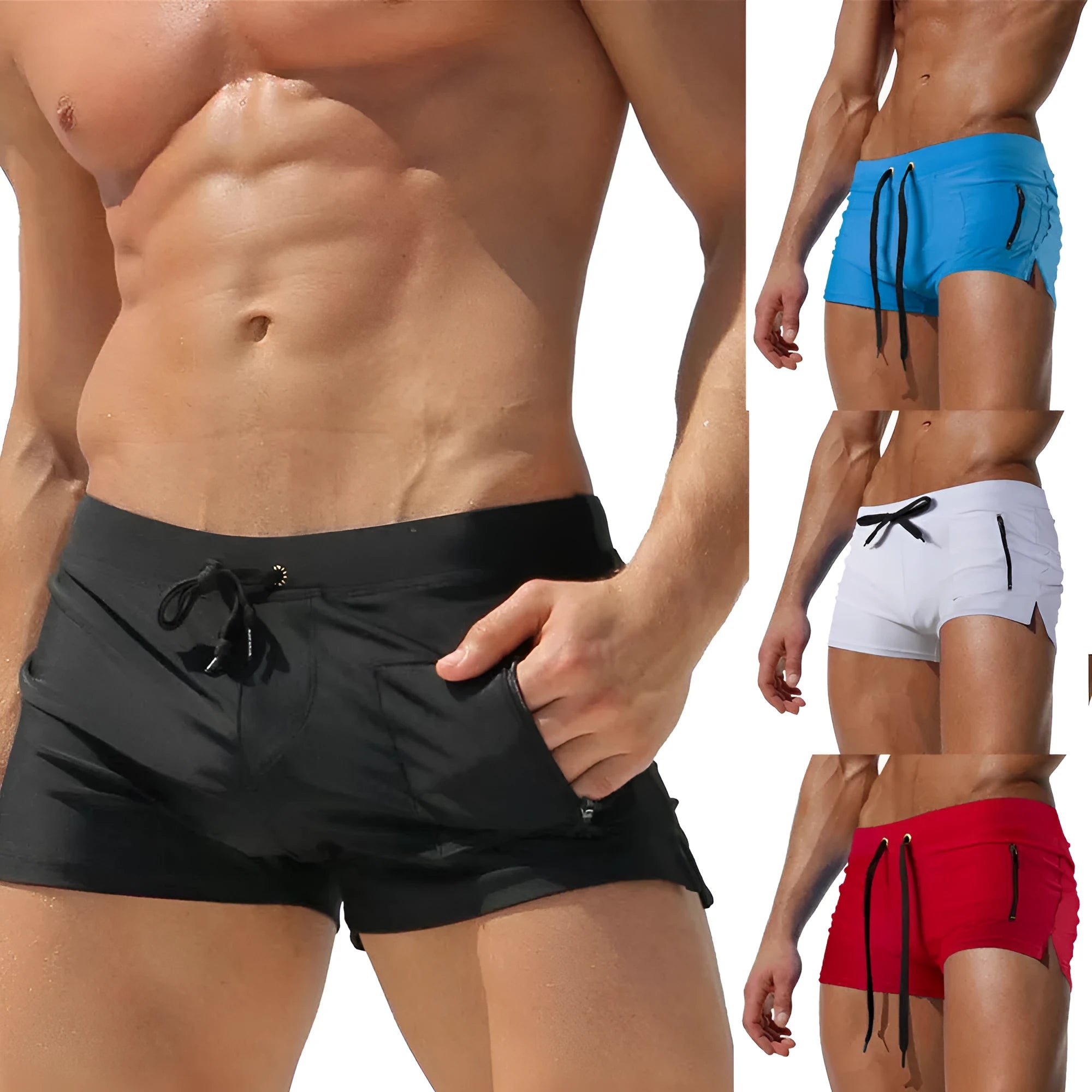 Men's high waist lace-up swimming trunks in a solid colour, shown in a briefs style.