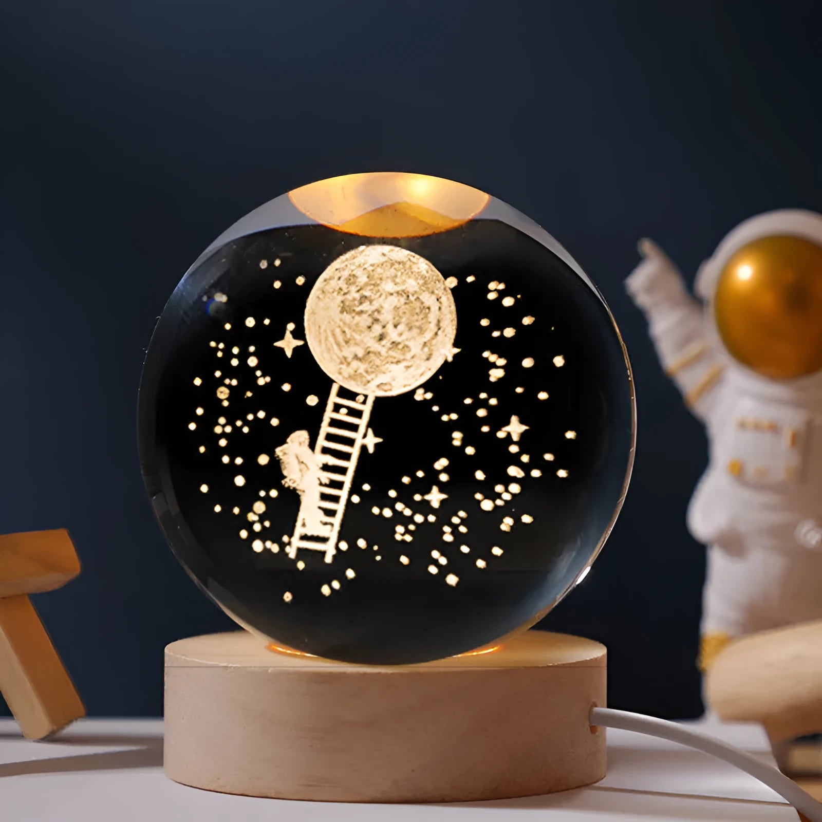 Starry sky luminous crystal ball on round wooden base USB powered desktop decoration simple modern style