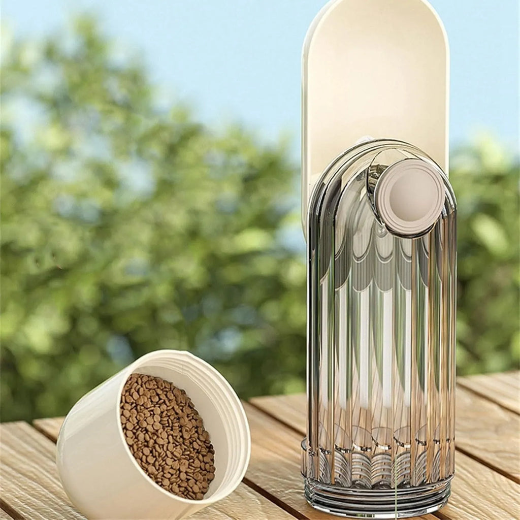 Beige and green foldable dog water bottle with integrated food container at the base