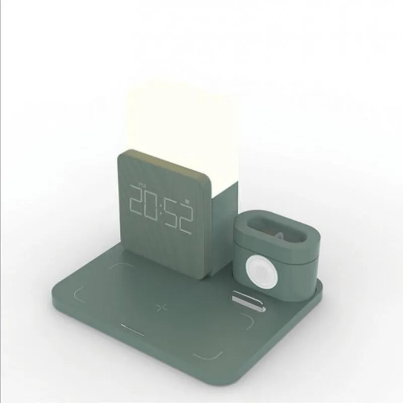 3-in-1 wireless charging stand for phone, earbuds and smartwatch in dark green, light green or black