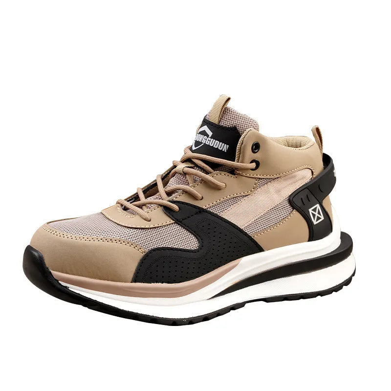 Anti-smashing and anti-penetration labour protection shoes with steel toe cap in black low top flat knitted design