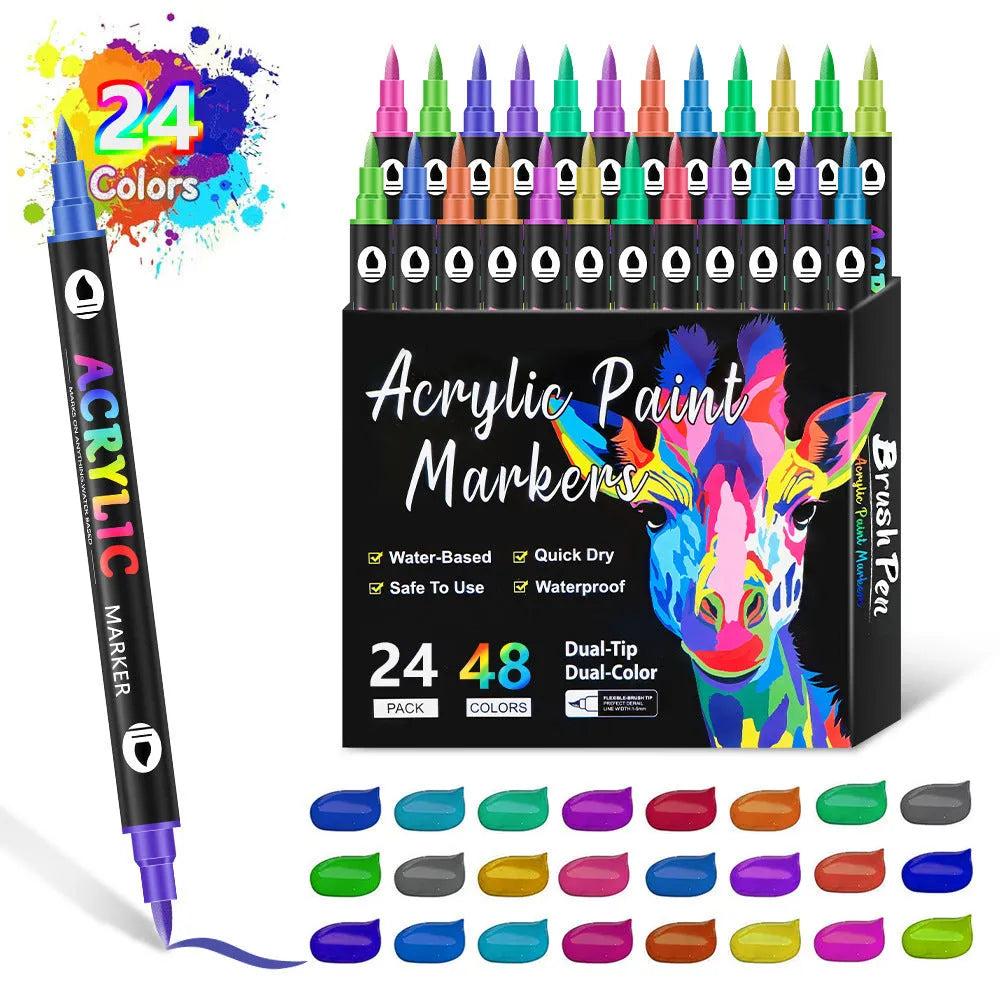 Double-headed acrylic marker pens with washable quick-drying ink in multiple colour sets