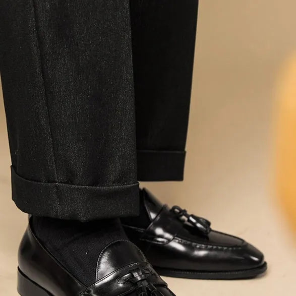 Men's black genuine leather tassel loafers with rubber sole for business casual wear