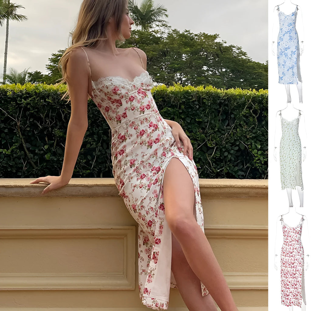 Blue lace flowers print long dress with a thigh slit and thin suspender straps.