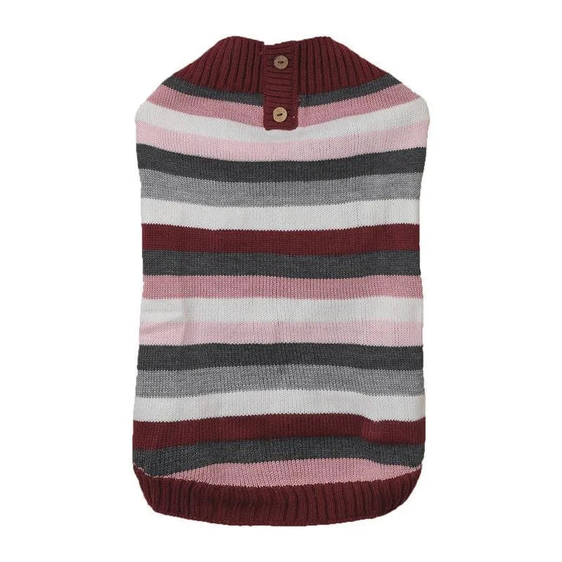 Grey dog sweater with blue collar, horizontal zipper, and a buttoned chest pocket on a small dog.
