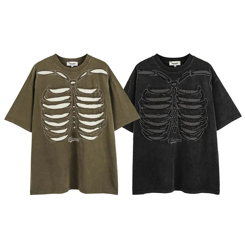 Brown loose fit cotton T-shirt with a skull and letter print design and drop-shoulder sleeves.
