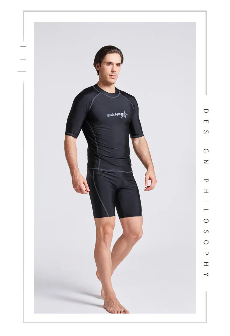 Men's quick-drying half sleeve swimsuit in blue with separate top and pants for snorkelling and surfing