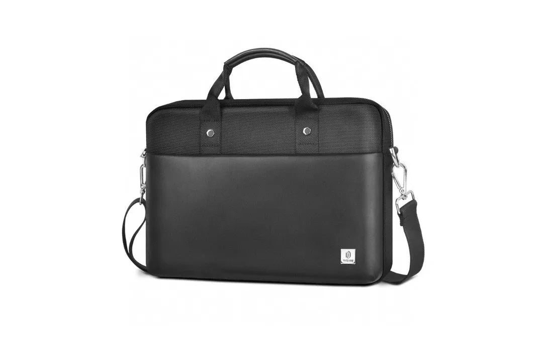 Black Oxford cloth computer handbag showing multi-pocket design and laptop compartment