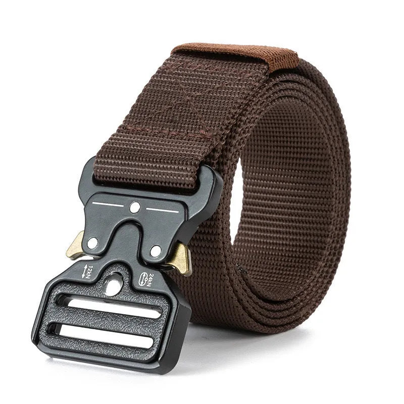 Men's thick canvas tactical belt with alloy release buckle shown in Army Green colour