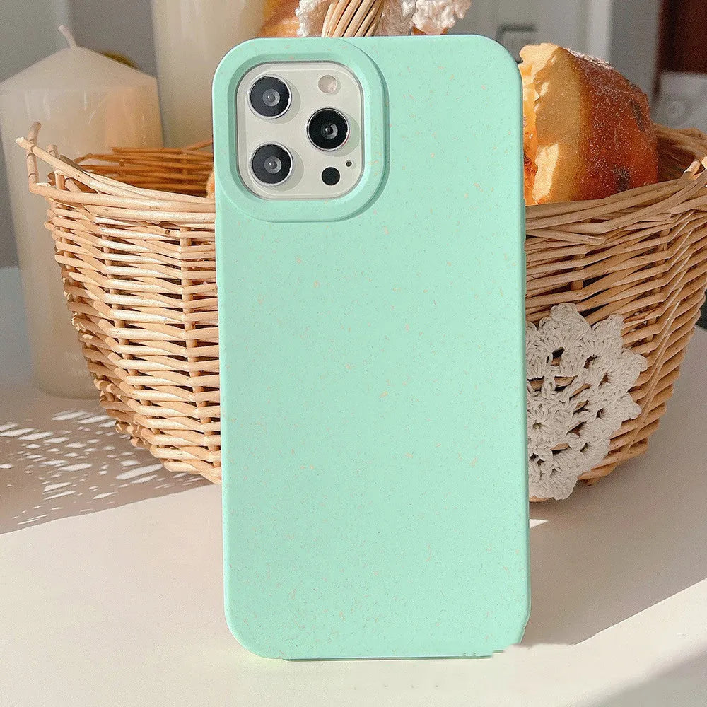Degradable wheat straw composite phone case for iPhone 14 Pro Max in various colours.