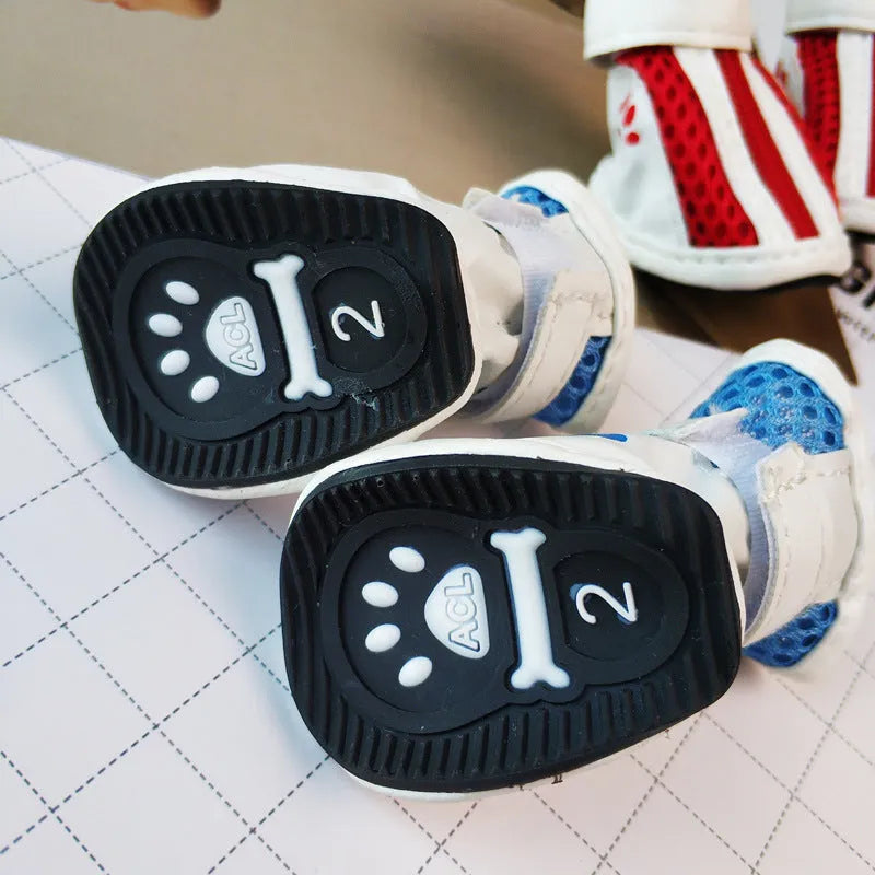 Blue VIP Teddy Schnauzer zipper closure dog shoes with non-slip sole, shown from the side.