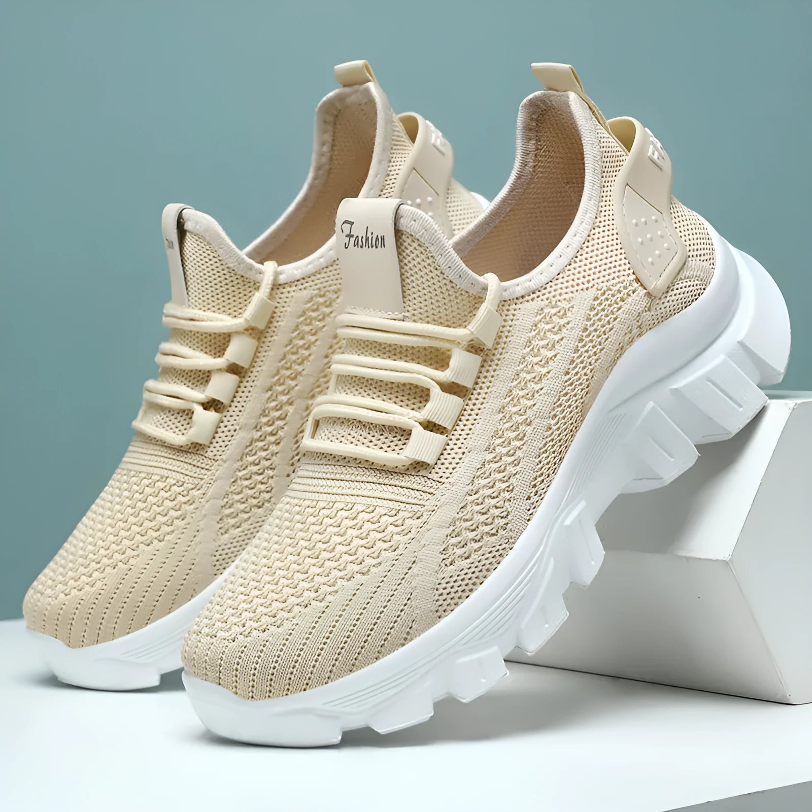 Women's Flyknit sneakers with thick PVC sole in white, pink, beige, or black colours