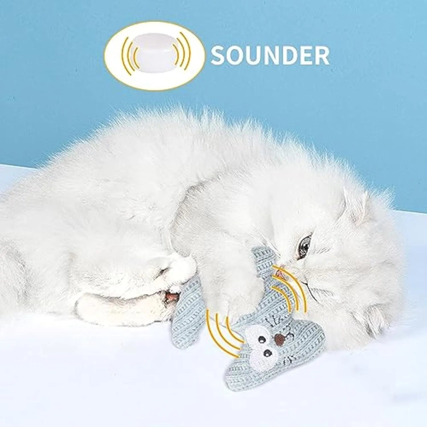 Cyan plush cat toy with rope details and a bell, shown next to a light coffee colour option.