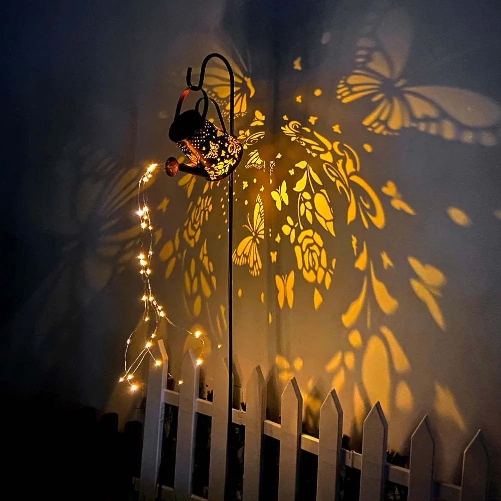 Iron butterfly solar garden lamp with warm white LED lighting