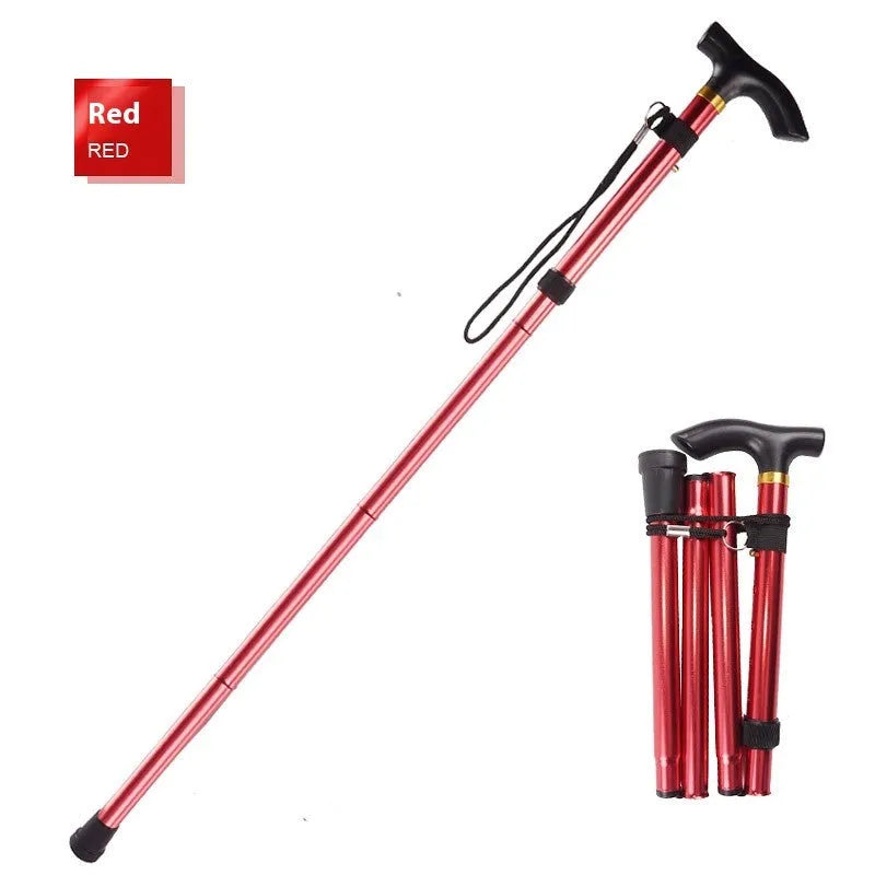 Aluminium folding walking stick with adjustable telescopic shaft and non-slip handle, shown in a selection of colours.