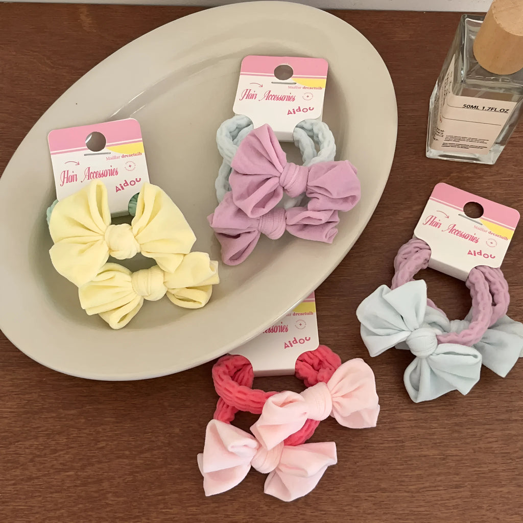 Macaron bow towel ring hair rope in four colours: blue, pink, custard, purple – high elasticity Korean style hair tie