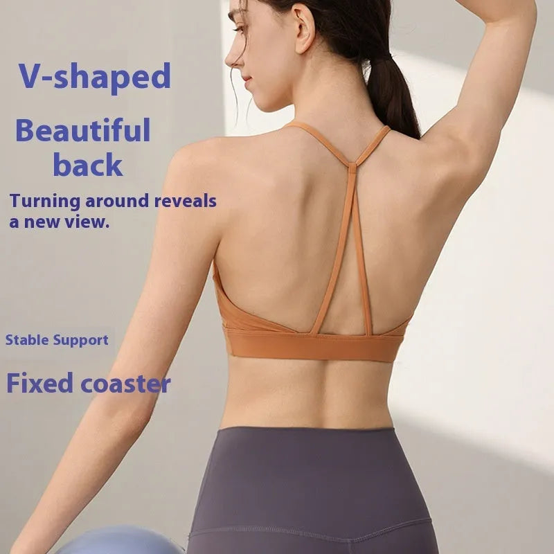 Women's nylon sports vest in sunshine desert colour with fixed double shoulder straps for running and yoga.