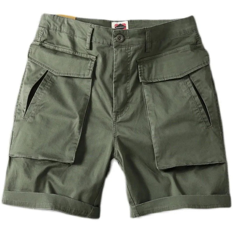Men's straight-leg cotton cargo shorts in khaki with multiple pockets.