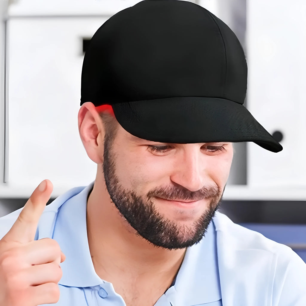Black infrared peaked cap hair growth device with 180 LED lights and controller