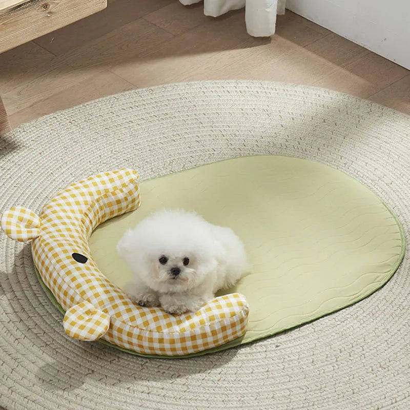 Green pet cooling mat for small dog in size L, 75 x 55cm, on a wooden floor